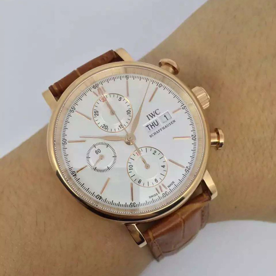 一比一萬國,iwc 柏濤菲諾系列IW391002腕錶 3A廠 18K玫瑰金白色錶盤，7750自动机械棕色皮带手表，桃園縣/南投縣高仿表-万国 IWC