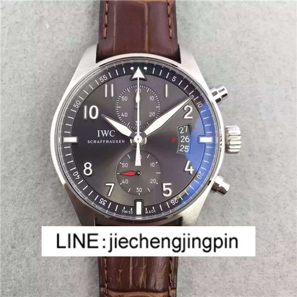 雙11特價高仿表，萬國飛行員系列IW387802，Pilot跑秒計時，IWC萬國灰色表盤，原裝瑞士ETA7750機芯皮表機械手錶，NOOB最高品質-万国 IWC